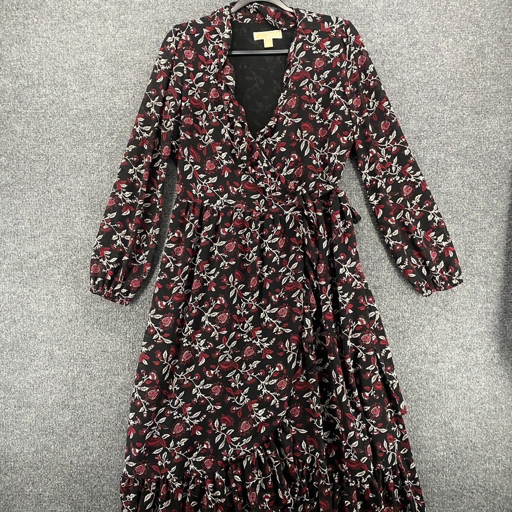 Michael Kors Wrap Dress Womens M Black V-Neck‎ Fairy Cottagecore Romantic Boho